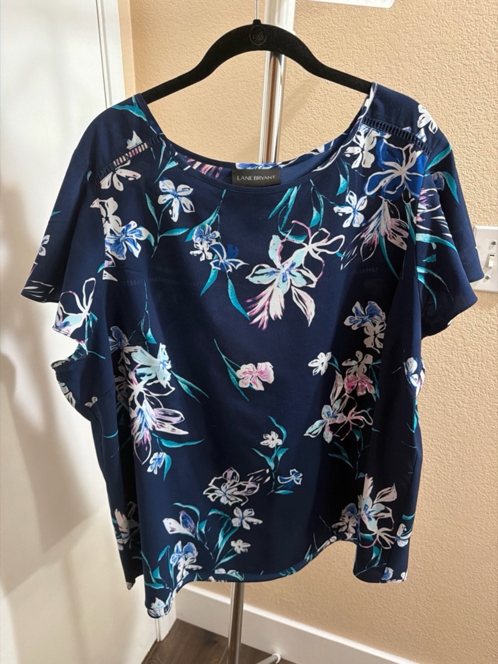 Lane Bryant Navy Floral Flutter-Sleeve Top